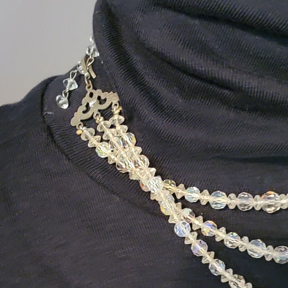 Vintage Mid-century Crystal Beaded Necklace, 3 Strands, AB, Graduated wh02-22 - Picture 6 of 6